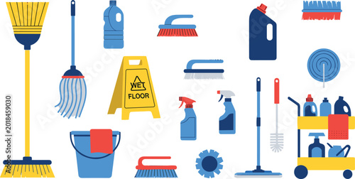 Photos Professional janitorial cleaning supplies set with mop broom wet floor sign and