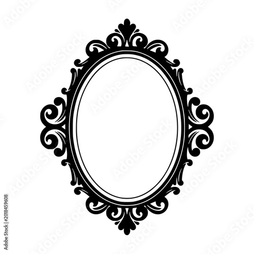 Black Vintage Ornate Oval Mirror Frame Silhouette Isolated on White