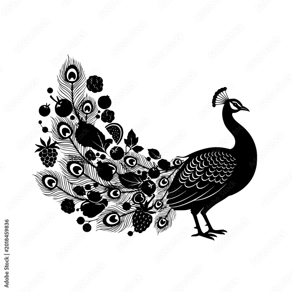 Fototapeta premium Stylized Peacock Silhouette with Ornamental Fruit and Berry Tail Feathers