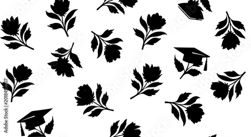 Seamless graduation pattern with black mortarboards and flower silhouettes