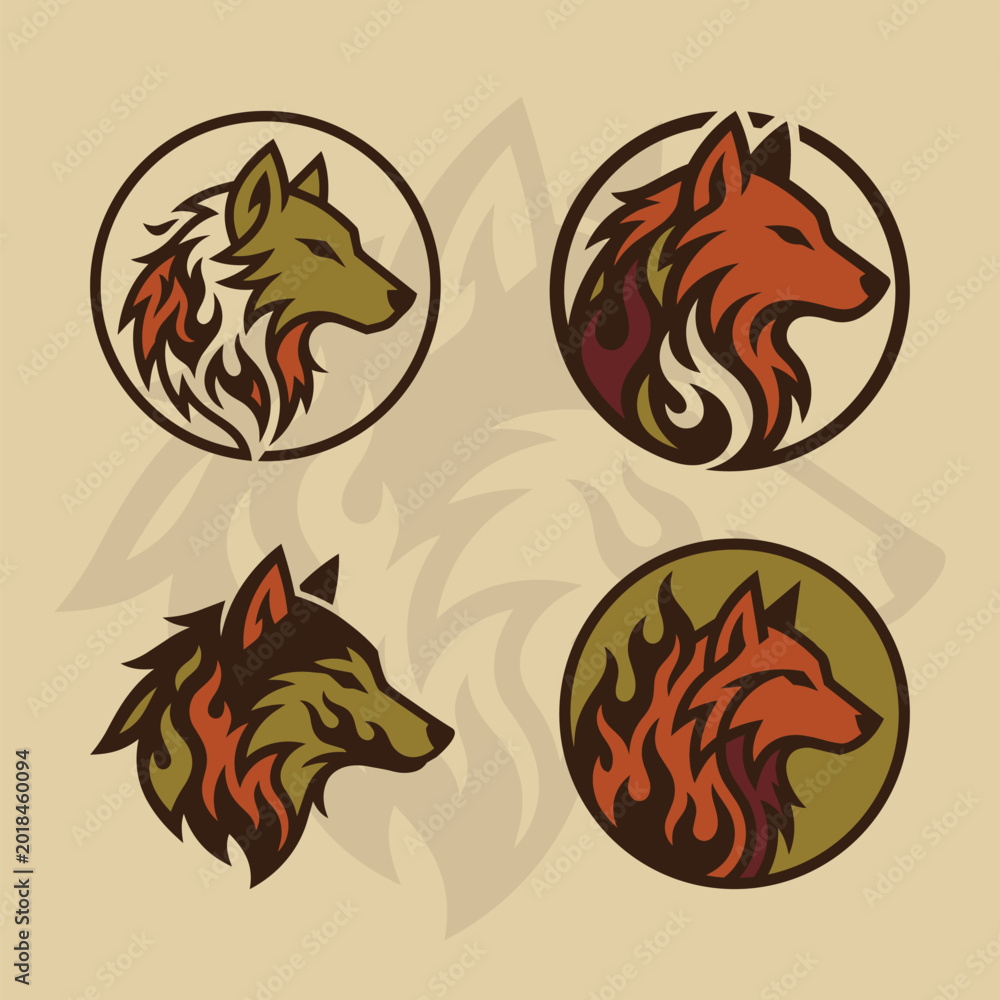 Obraz premium Abstract Wolf Head Silhouettes with Fiery Patterns