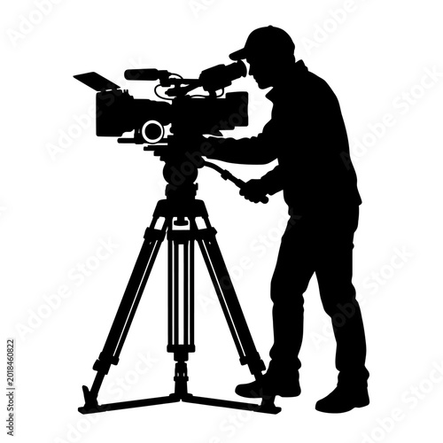 Silhouette of a cameraman operating a professional camera on tripod, capturing video footage.