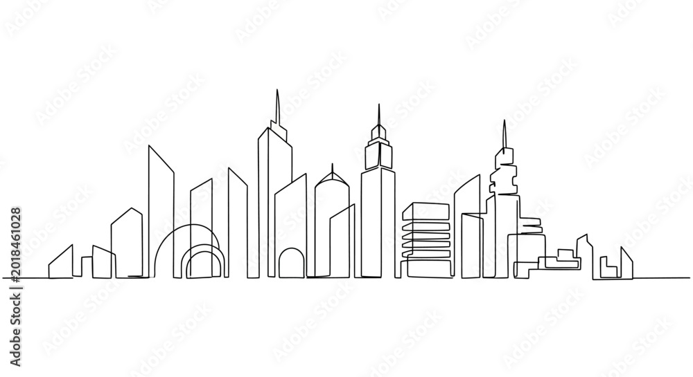 Naklejka premium Continuous line art city skyline, modern monochrome buildings, vector illustration