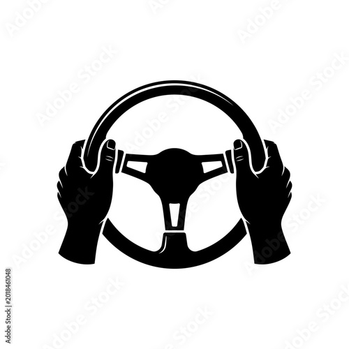 Black icon of hands on a steering wheel representing driving, control, vehicle, transportation, and safety.
