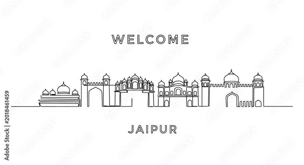 Naklejka premium Jaipur India line art skyline illustration, Welcome concept