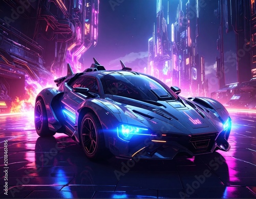 Sleek futuristic car glows in vibrant neon-lit city at night