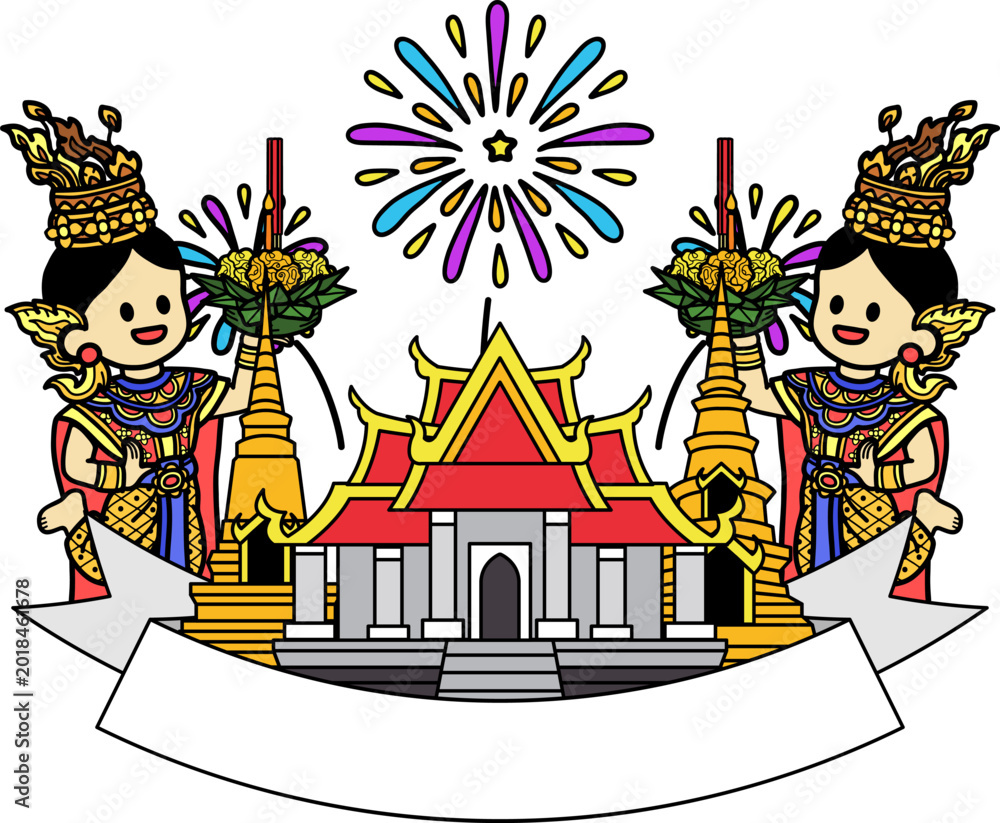 Obraz premium Thai temple logo and Thai dancer holding a krathong