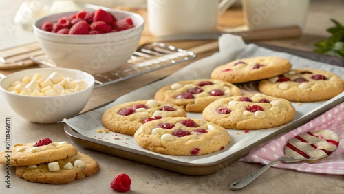 Freshly baked raspberry cookies cooling on a tray with white chocolate chips and raspberries in a cozy kitchen setting