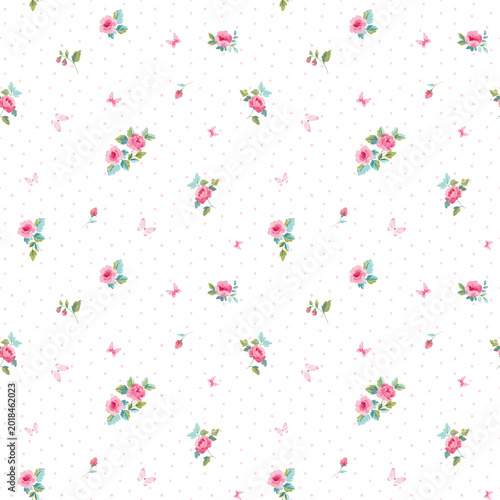 Quadro su tela Shabby Chic Cottagecore Floral Seamless Pattern with Pink Roses, Butterflies and Pastel Polka Dots