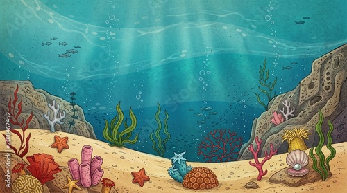 Vibrant cartoon illustration of an underwater ocean scene featuring colorful coral starfish and shells on a sandy seabed with sunlight rays filtering 