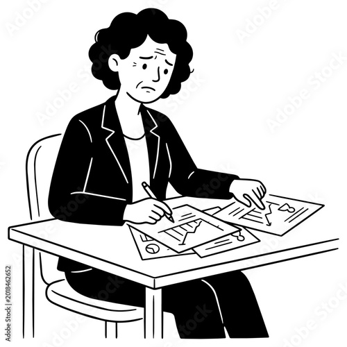 88-2_不満顔で書類を書くスーツ姿の女性