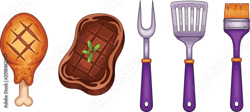 Bilde på lerret bbq grill meat and tools collection with grilled chicken leg steak beef spatula