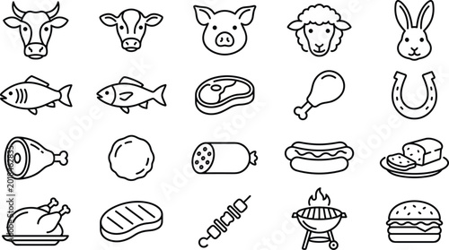 Konstfotografi butcher shop and meat product line icon set featuring farm animals beef pork pou
