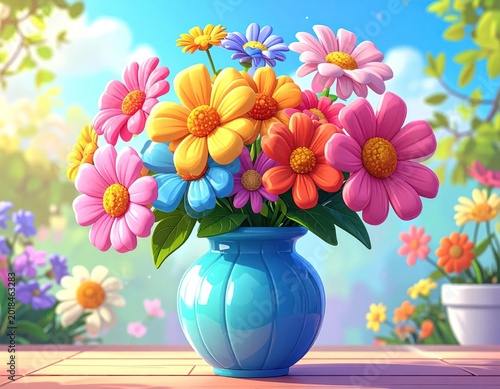 Vibrant cartoon flowers in a blue vase, bright colors, outdoor setting