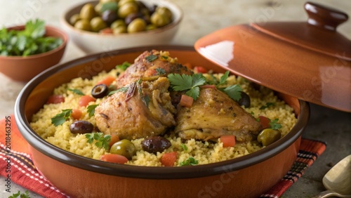 Savoring chicken tajine served with couscous and olives in a traditional Moroccan setting