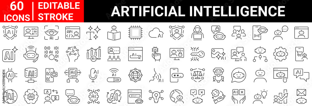 Fototapeta premium Set of 60 outline icons related to artificial intelligence. Linear icon collection. Editable stroke. Vector illustration