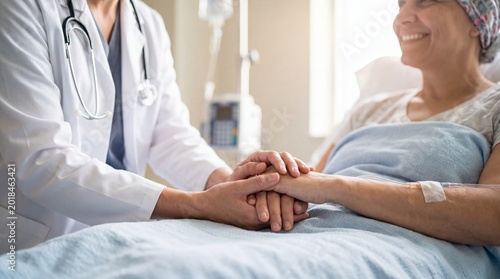 Compassionate doctor holding hands of cancer patient in hospital bed, medical care and support