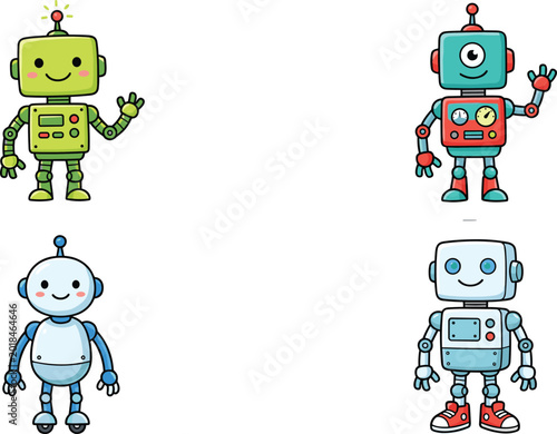Fotografie cute robot character set featuring friendly cartoon cyborgs with colorful design