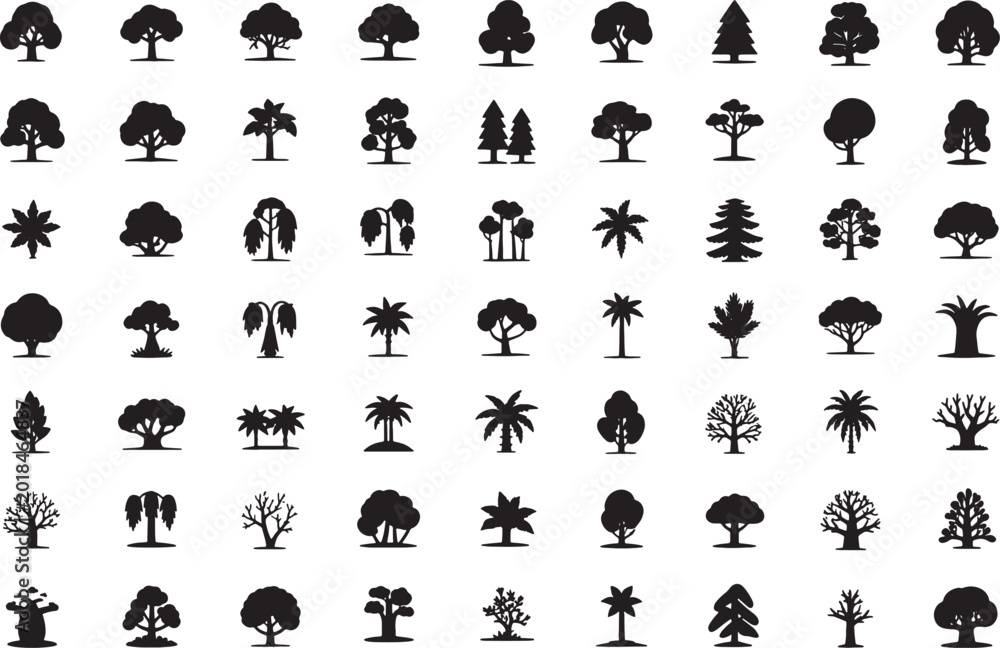 Obraz premium Set of black tree silhouettes and nature icons