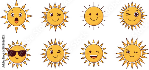 Quadro su tela Set of cute sun emoji characters with different facial expressions including win