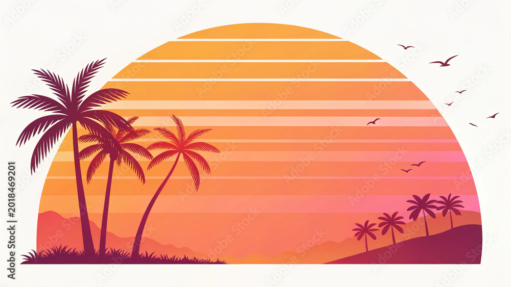 Fototapeta premium Vibrant tropical sunset illustration featuring palm trees and flying birds
