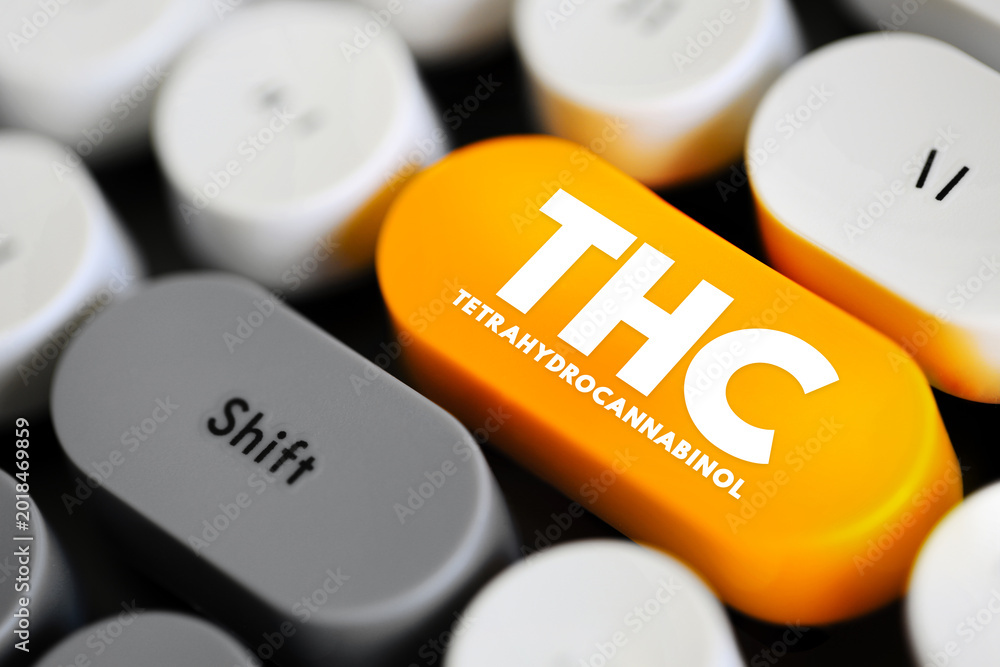 Fototapeta premium THC - Tetrahydrocannabinol is the principal psychoactive constituent of cannabis, text concept button on keyboard