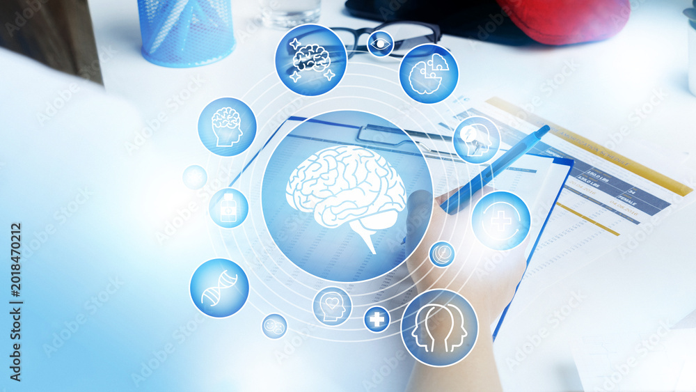 Fototapeta premium Person writing notes with brain icons during a research study on mental health effects