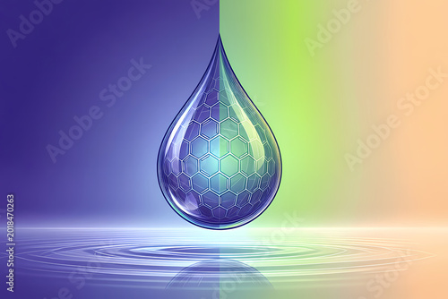 A transparent droplet with a hexagonal pattern inside, floating above rippling water.