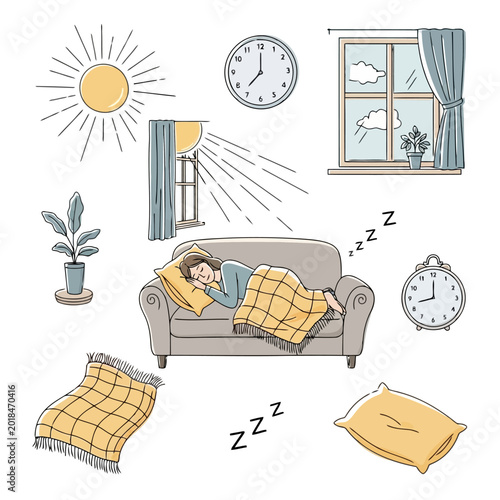 фотографія Person sleeping on couch in sunny room with alarm clock.
