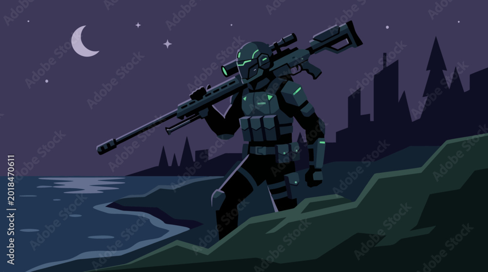 Fototapeta premium a soldier holds a sniper rifle at night.