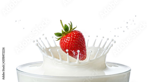 Strawberry splashing into milk high speed photography still life