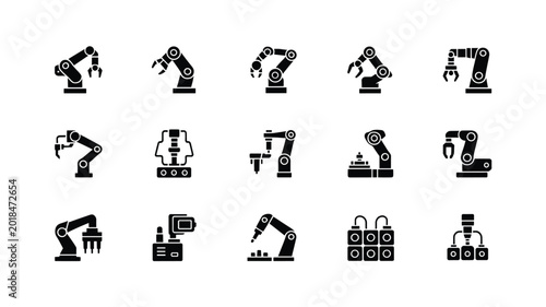 Set of 15 Industrial Robotic Arm Icons Vector