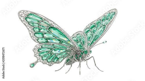 Emerald and silver butterfly brooch detailed jewelry design