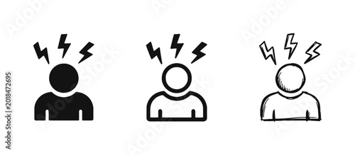 Photos Stress Icons - Person with Lightning Bolt Symbols in Solid, Outline, and Sketch