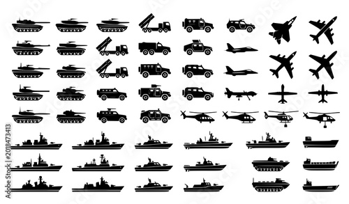 Photography Black military transport icon collection with tanks aircraft helicopters ships a