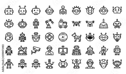 Canvas-taulu Modern robot outline icon set with AI android robotic mascot and automation symb