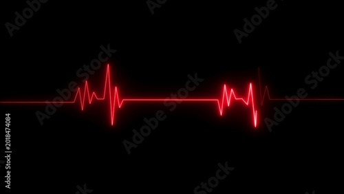 Konstfotografi Bright red neon heartbeat pulse line ekg monitor waveform isolated on solid blac