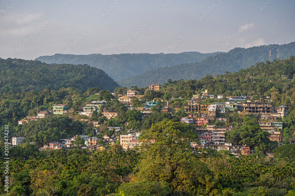 Fototapeta premium Scenic landscape view of border town in Meghalaya hills of India seen from Jaflong Zero Point, Sylhet, Bangladesh