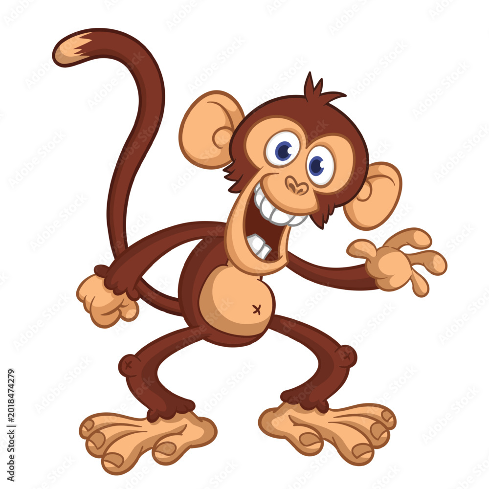 Obraz premium Cartoon funny brown monkey chimpanzee jumping or dancing. Vector illustration isolated on white