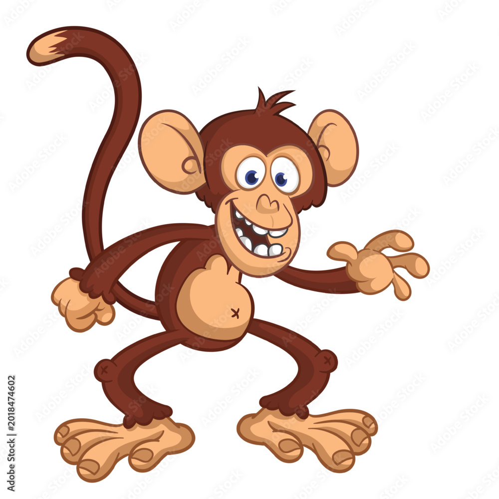 Fototapeta premium Cartoon funny brown monkey chimpanzee jumping or dancing. Vector illustration isolated on white