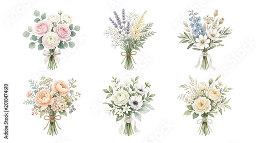 Six Watercolor Floral Bouquets, Delicate Botanical Arrangements, Soft Pastel Wedding Flowers, Romantic Garden Elements, Elegant Hand-Painted Illustrations, Vintage Style Floral Designs