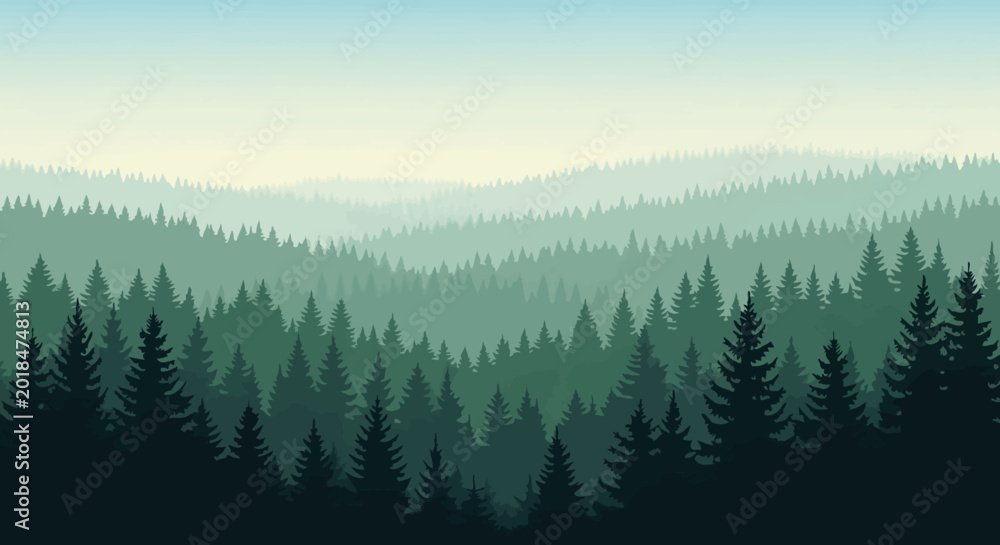 Fototapeta premium Forest landscape silhouette, evergreen trees on layered hills, vector art