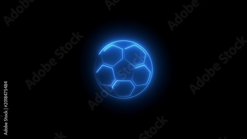 Glowing blue neon soccer ball with hexagonal pattern on a solid black background surface