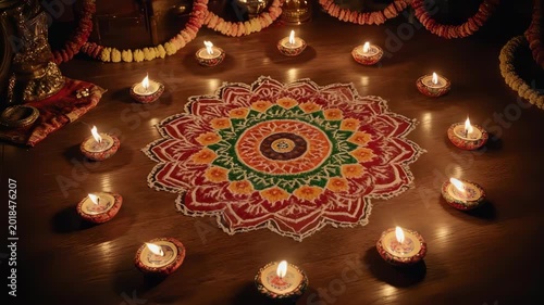 Diwali festival decoration with diyas and rangoli