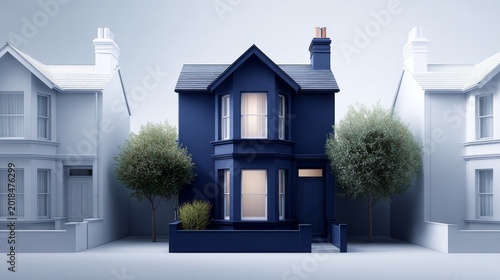 Nestled between two white houses, a colorful navy blue home captures attention. With clean lines and a welcoming design, this property reflects contemporary living in a peaceful urban area