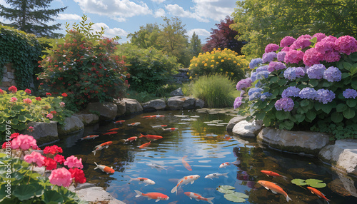 serene koi pond nestled within a vibrant, meticulously landscaped garden, showcasing colorful flowers and lush greenery.

