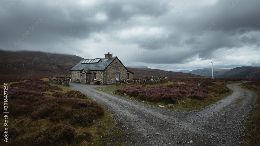 Fototapeta premium Scottish Highland Stone Lodge With Solar Panels and Wind Turbine on Open Moorland, Retrofit Eco Home, Renewable Energy
