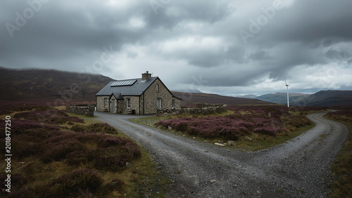 Scottish Highland Stone Lodge With Solar Panels and Wind Turbine on Open Moorland, Retrofit Eco Home, Renewable Energy