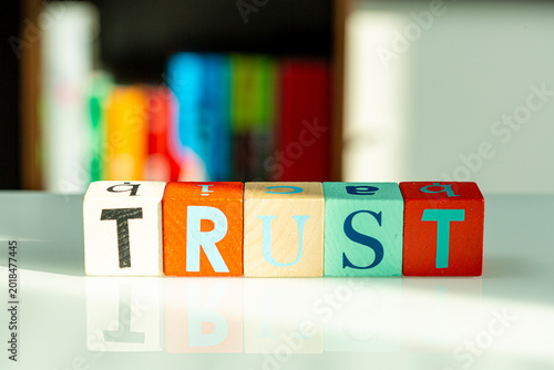 Wooden alphabet blocks spelling out the word TRUST.