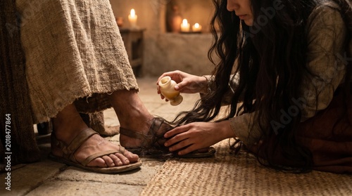 Mary Magdalene washing the feet of Jesus with her hair and pouring holy oil, candlelit ancient room.